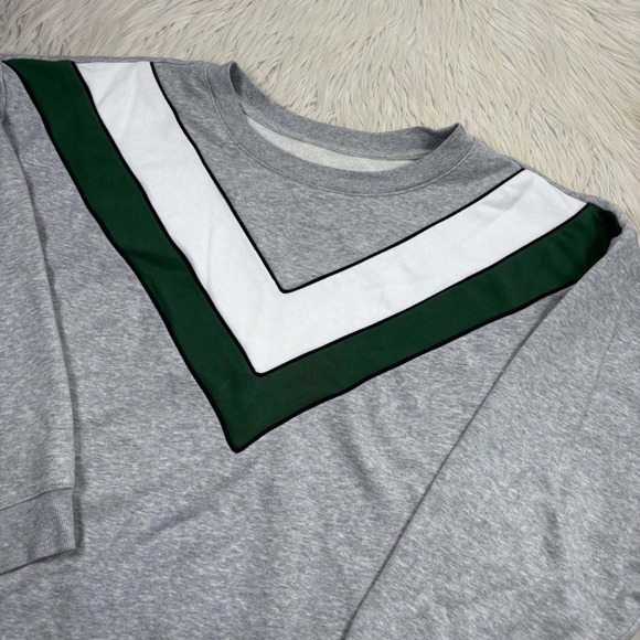 Maeve Women's 3X Varsity Crew Sweatshirt Gray Green Preppy Athleisure V-Stripe - Picture 2 of 6